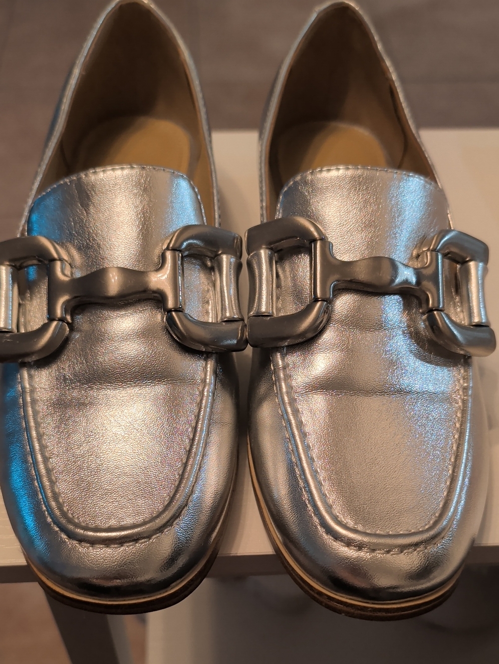 Nine West Metallic Silver Loafers with Chain-Link Accent